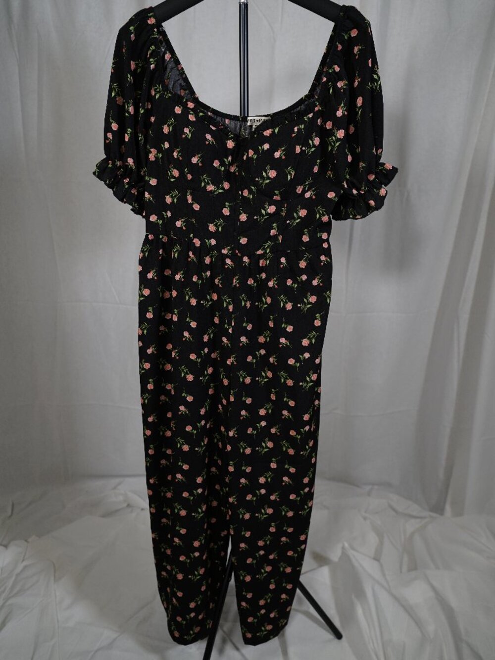 Spired Hearts Black Floral Puff Sleeve Jumpsuit XL Cottagecore Coquette